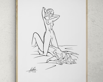 May include: A black and white line drawing of two figures in a romantic embrace. The figures are nude and are drawn in a simple, elegant style.