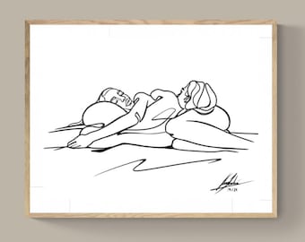 May include: A black and white line drawing of two people embracing. The drawing is in a simple style and depicts the two figures in a loving embrace.