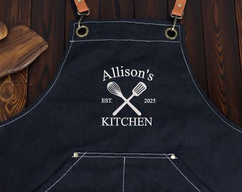 Personalized Embroidered Kitchen Apron, Canvas Workshop Apron with Pockets, Barbeque Apron, Bartender Apron, Gift for Him