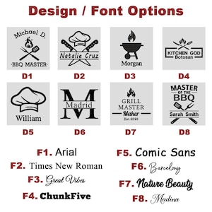 May include: Image showcasing design and font options for personalized items. Features various BBQ-themed logos with names and text, along with font styles like Arial, Times New Roman, and Comic Sans. The text "Design / Font Options" is at the top.