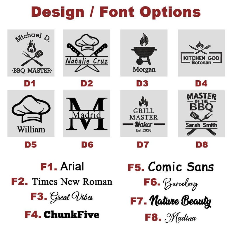 May include: Image showcasing design and font options for personalized items. Features various BBQ-themed logos with names and text, along with font styles like Arial, Times New Roman, and Comic Sans. The text "Design / Font Options" is at the top.