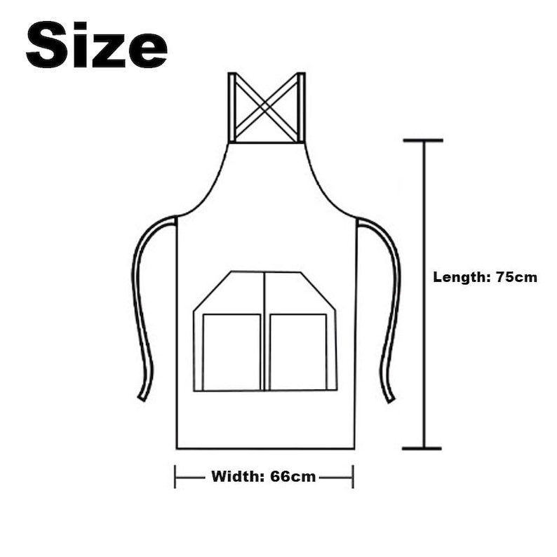 May include: Line drawing of an apron with the word "Size" at the top. The apron has a pocket with two compartments and measures 26 inches wide and 29.5 inches long.