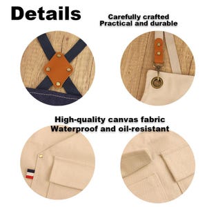 May include: Close-up details of a beige apron. The image highlights the apron's features: navy blue straps with a brown leather patch, a metal grommet, and a small pocket with a tricolor stripe. Text reads: "Details", "Carefully crafted, Practical and durable", "High-quality canvas fabric, Waterproof and oil-resistant".