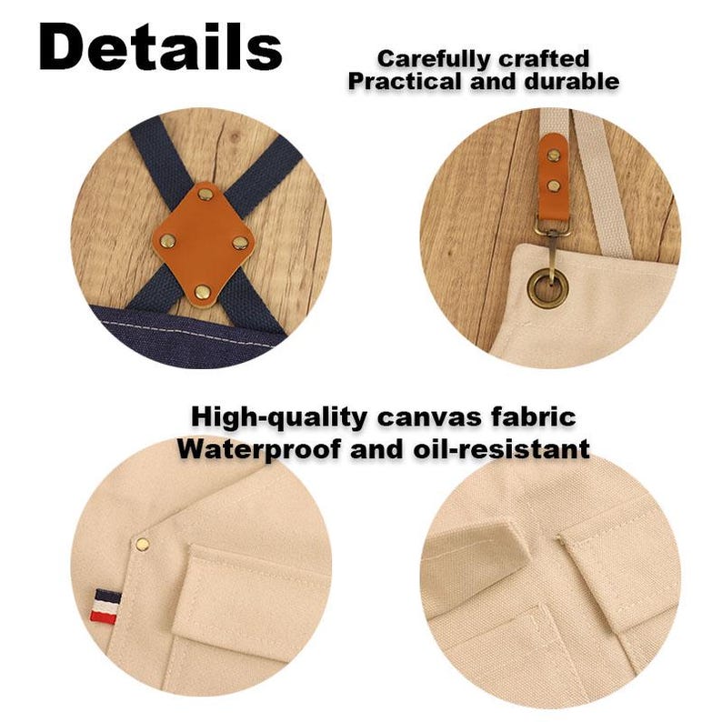 May include: Close-up details of a beige apron. The image highlights the apron's features: navy blue straps with a brown leather patch, a metal grommet, and a small pocket with a tricolor stripe. Text reads: "Details", "Carefully crafted, Practical and durable", "High-quality canvas fabric, Waterproof and oil-resistant".