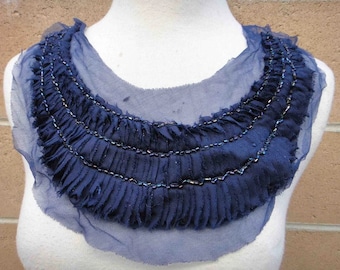 Cobalt Blue Iredescent Beads Vintage look Chiffon Beaded Collar Applique Apparel Clothing Costume Wide Trim Arts Crafts Supplies Remnants