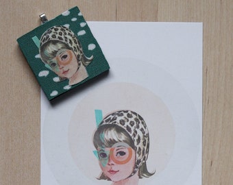 Rawr OOAK tissu art pendentif impression image sur tissu bois collage numérique original unique en son genre art portable surréaliste fille léopard Mod