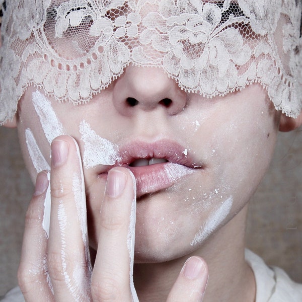 Purifying - Fine art photo print Portrait of girl with white paint on face Lace blindfold Purity Lips Clean Pure Wall Decor Interior Design