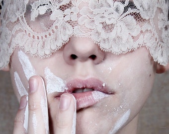 Purifying - Fine art photo print Portrait of girl with white paint on face Lace blindfold Purity Lips Clean Pure Wall Decor Interior Design