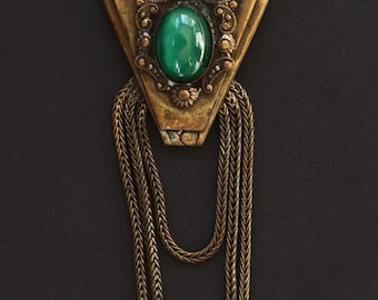 Vintage Antique Brass Dress Clip Fur Brooch Green Stone Chains Repurpose Art Deco Art Nouveau
