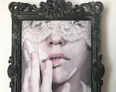 Purify - Small mixed-media art ornate brass framed Original textile art Surreal Photography fabric print Womans face White paint portrait