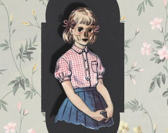 5x7 School Girls Art Print Vintage graphic girl with shadow skull Digital Collage Surreal 50's Vintage Creepy Death Demon Evil Flowers