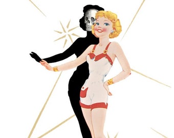 Impression d'art à bout de bras Collage numérique vintage des années 50 40 Pin-up Death Shadow Danger graphique audacieux Simple noir et blanc rouge décoration murale moderne