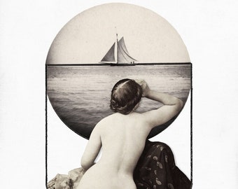 La veuve, impression d'art vintage, photo retouchée, collage numérique, surréaliste, océan mer, femme nue, voilier, malheur à moi, sépia