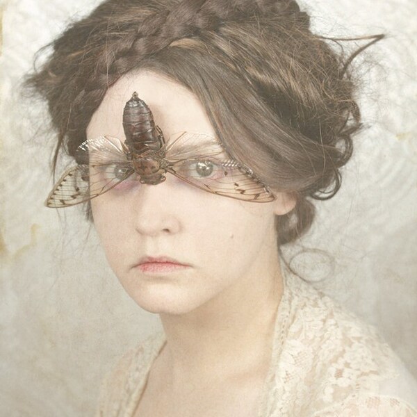 You Don't Sing To Me Anymore - Surreal Photo Print Creepy Portrait Fine Art Image Woman with cicada over her eyes on her face Home decor