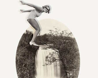 Impression d'art casse-cou vintage photo retouchée, collage numérique, surréaliste, les yeux bandés, femme sautant dans la cascade sépia des années 50 50