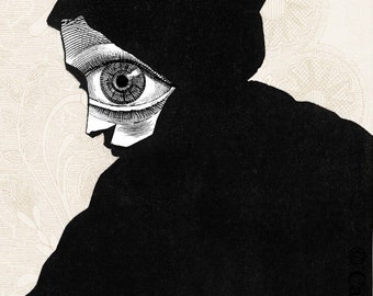 Les yeux grands ouverts - Impression d'art Portrait d'une femme avec des yeux graphiques en dentelle Décoration murale simple en noir et blanc et moderne Design d'intérieur Silhouette Bold Block