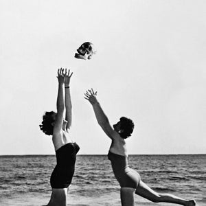 Heads Up Fine art print Altered Vintage Photos Simple B&W Modern Wall Decor Interior Design Beach Babes throwing a skull Ocean Humorous