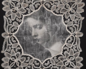 Silent Threads - OOAK Original Mixed Media Surreal Photo Fabric print Textile Art Portrait Woman's Face Handkerchief Vintage Lace Tatting