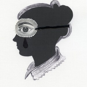 Shadow Emotions OOAK Original Mixed Media Art Silhouette of girl with black tears and fake eye Surreal Textile Print B&W Vintage Portrait