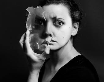 Splinter - Surreal Photo Print Fine Art Photography Portrait Woman holding broken piece of face Distortion B&W Broken Magnified Self image