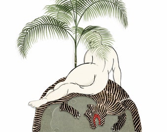 5x7 Vacay Fine Art Print Portrait of naked woman lounging on tiger rug in her own world Vintage sketch collage Nude Palm tree Butt