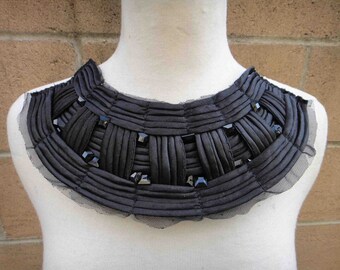 Black Vintage look Woven Beaded Collar Applique Apparel Clothing Costume Wide Trim Arts Crafts Supplies Remnants Stash Satin Ribbon Yoke