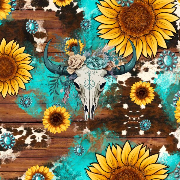 PNG Bull Skull | Sunflowers | Blue Gemstones| Flowers | Tumbler PNG | Koozie PNG |