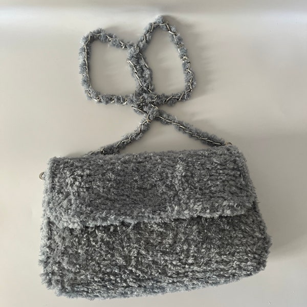 Gray Plush Shoulder Bag, Handmade Bag, Plush Bag, Grey Hand Bag