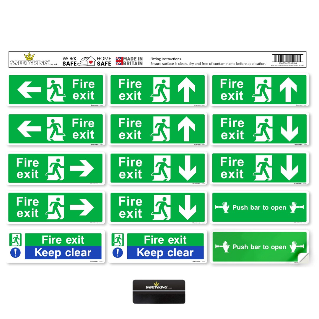 Fire Exit Sign Vinyl Signbox SAFETYKING® 16 Piece Fire Exit Signage Kit 30cm X 10cm | Self Adhesive ...
