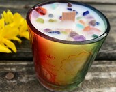 Chakra Balance Candle - Satsuma Island Votive Candle with Mixed Crystals On Top - Wooden Wick - in Printed Chakra Glass Votive Holder