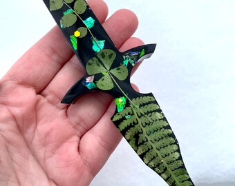 RESIN ART - Ritual Dagger  - One of A Kind - Pressed Four Leaf Clover and Leaves -  By BethKaya