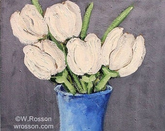 White Tulips in Blue Vase, Original Painting, Floral Art, Floral Decor, Winjimir, Home Decor, Floral Wall Decor, Gifts for Her, Gift for Mom