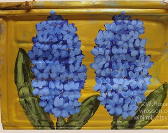 Blue Hyacinth Painting, Vintage Tin Shingle, Original Painting, Floral Painting, Hyacinth, Winjimir, Home Decor, Office Decor, Porch Art