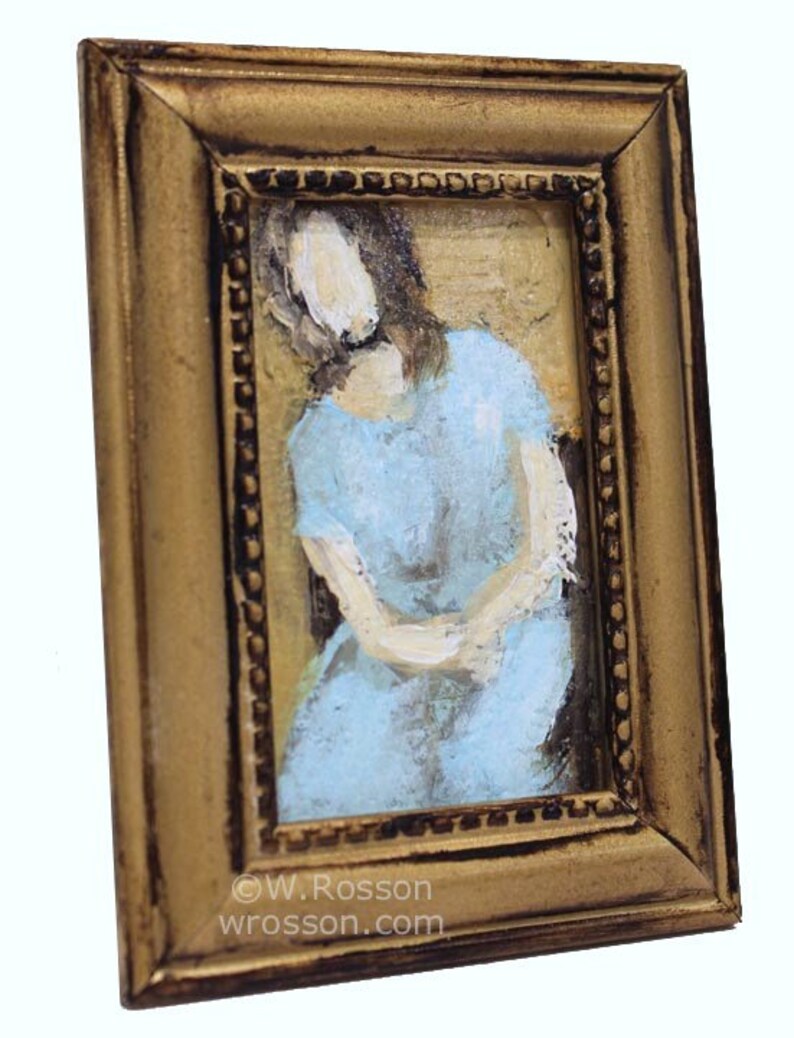 Miniature Figure Painting, Framed Original Painting, Winjimir, Woman with Blue Dress, Home and Office Decor, Gallery Wall, Gifts under 40 image 3
