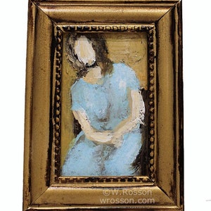 Miniature Figure Painting, Framed Original Painting, Winjimir, Woman with Blue Dress, Home and Office Decor, Gallery Wall, Gifts under 40 image 1