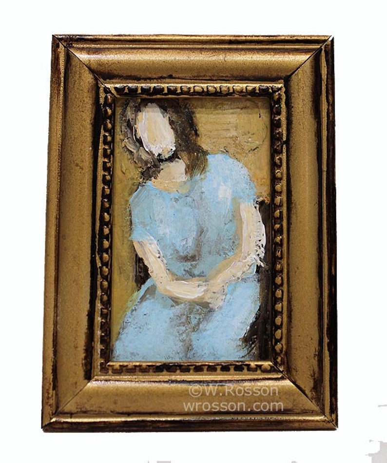 Miniature Figure Painting, Framed Original Painting, Winjimir, Woman with Blue Dress, Home and Office Decor, Gallery Wall, Gifts under 40 image 1