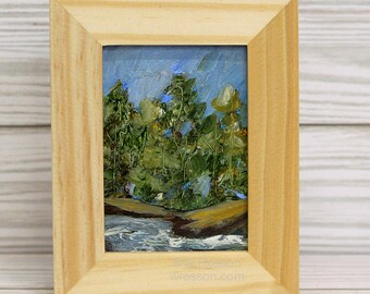 Original Framed Oil Painting, Small Painting, Winjimir, Original Art, US Artist, Trees and Stream, Miniature Oil Painting, Woman Artist,