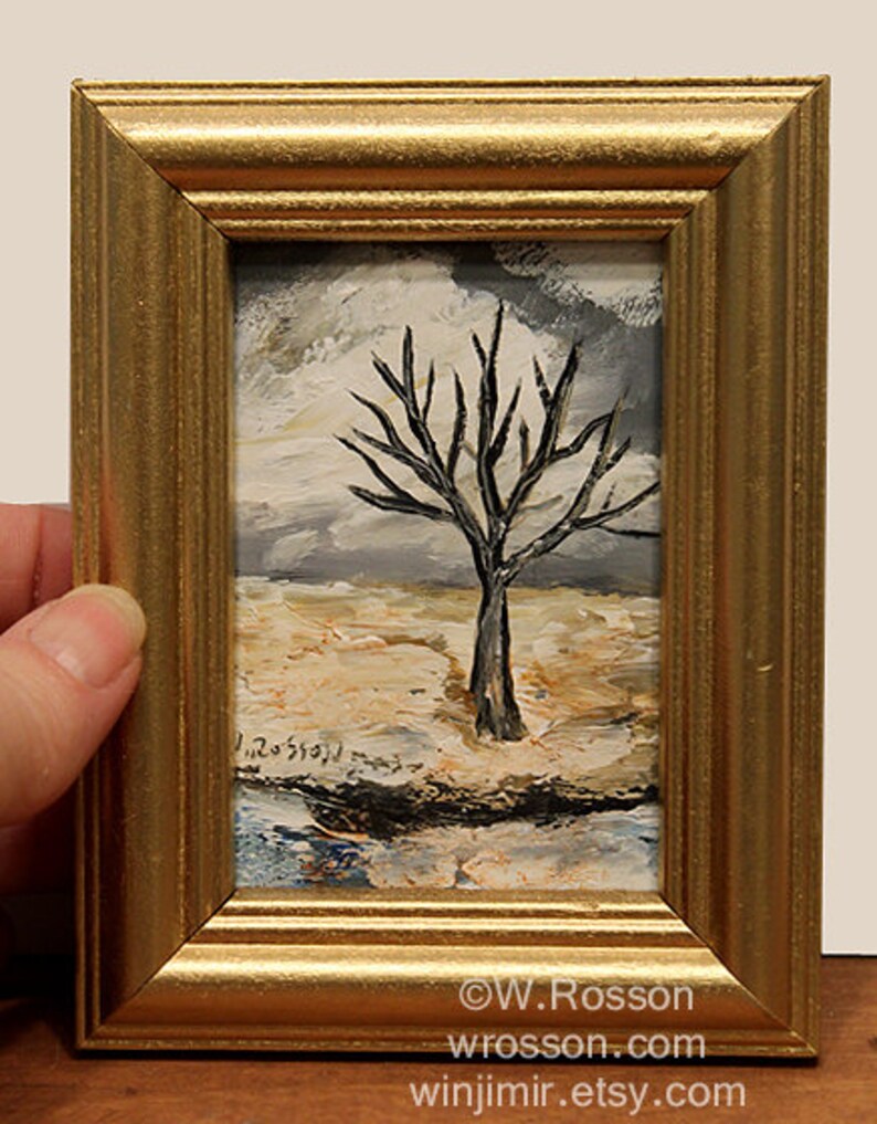 Bare Tree in Winter, Miniature Original Landscape Painting, Original Art, Winjimir, Gallery Wall, Home Decor, Gifts for Him, Wall Art, Gift image 3