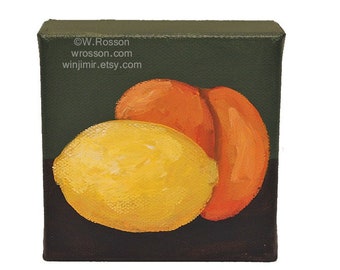 Lemon and Peach Original Painting, Still Life Painting, Original Art, Small Art, Fruit Painting, Winjimir, Home Decor, Wall Art, Fruit Art