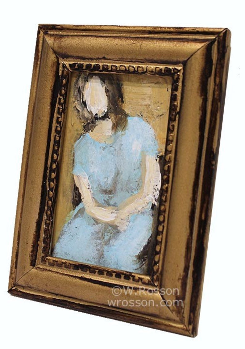 Miniature Figure Painting, Framed Original Painting, Winjimir, Woman with Blue Dress, Home and Office Decor, Gallery Wall, Gifts under 40 image 2