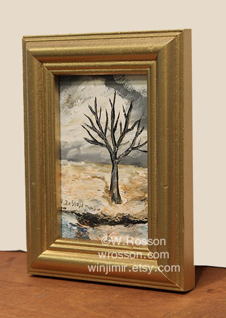 Bare Tree in Winter, Miniature Original Landscape Painting, Original Art, Winjimir, Gallery Wall, Home Decor, Gifts for Him, Wall Art, Gift image 2