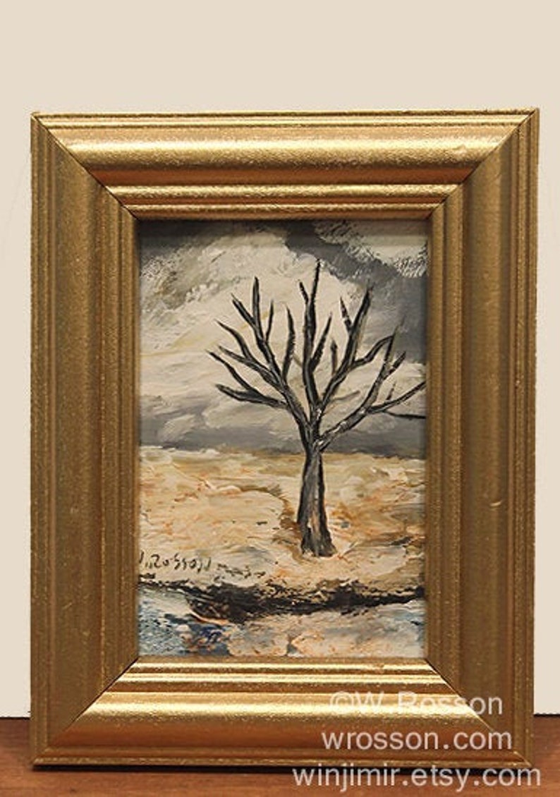 Bare Tree in Winter, Miniature Original Landscape Painting, Original Art, Winjimir, Gallery Wall, Home Decor, Gifts for Him, Wall Art, Gift image 1