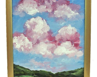 Pink Clouds Painting, Landscape with Clouds, Trees, Water, Winjimir, Original Painting, W.Rosson, Home Decor, Wall Art, Office Art