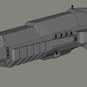 May include: A gray, geometric spaceship model with a detailed design. The model features multiple rectangular and cylindrical components, including what appears to be a series of gun barrels at the front. The overall design suggests a futuristic or science fiction theme.