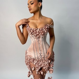 3D Floral Corset Dress: Handmade Velvet Blooming Gown
