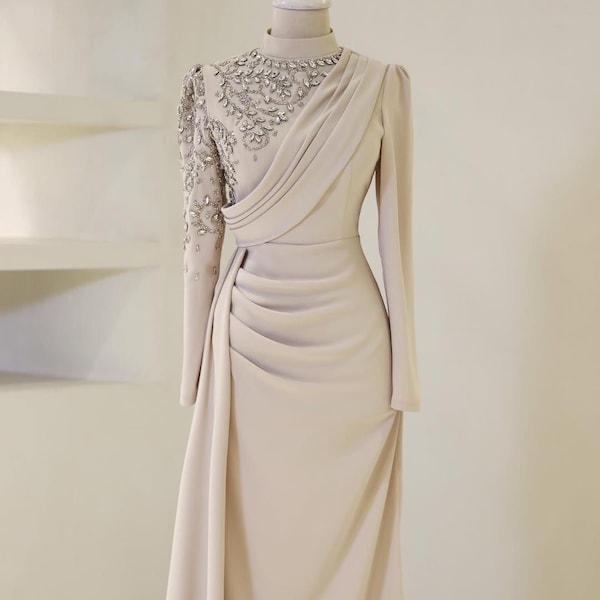 Luxury Crystal Modest Wedding Dress- Hand- Beaded Draped Muslim Bridal Gown | Elegant Dubai Style