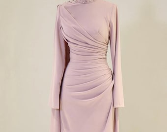 Handmade Beaded Sequin Evening Dress, Long Sleeve Krep Nikkah Gown