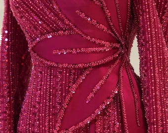 Handmade Sequin Satin Evening Dress: Long Sleeve Islamic Gown