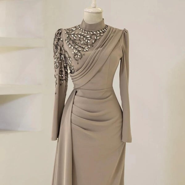 Luxury Crystal Modest Wedding Dress- Hand- Beaded Draped Muslim Bridal Gown | Elegant Dubai Style