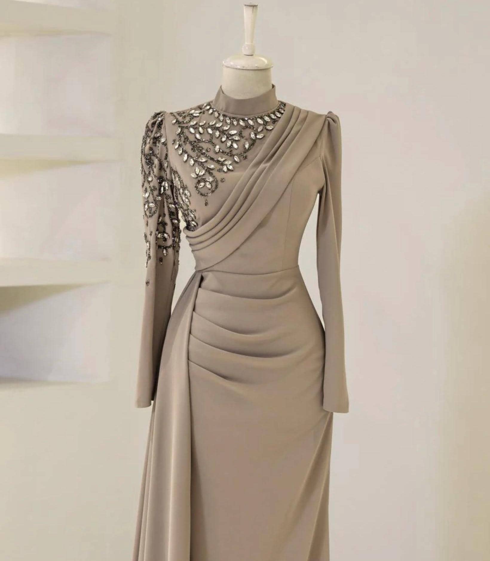 glass beaded fringe dress Zeena Fully Beaded Crystal Modest Long Sleeve Evening Dress – Iyza Belaar main image 1